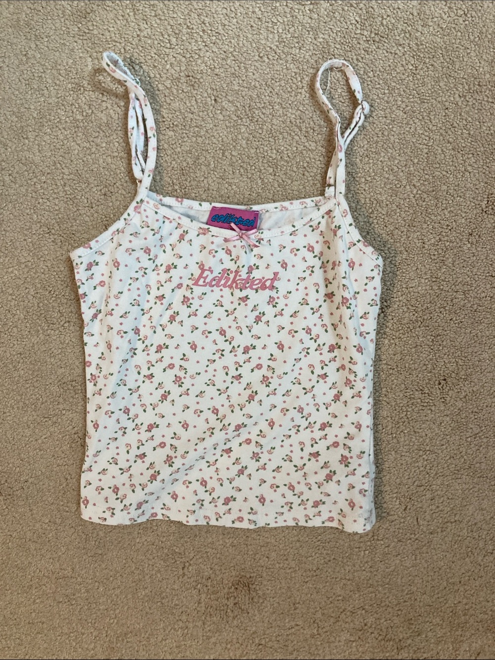 Edikked White Floral Spaghetti Strap Cami with Pink Script